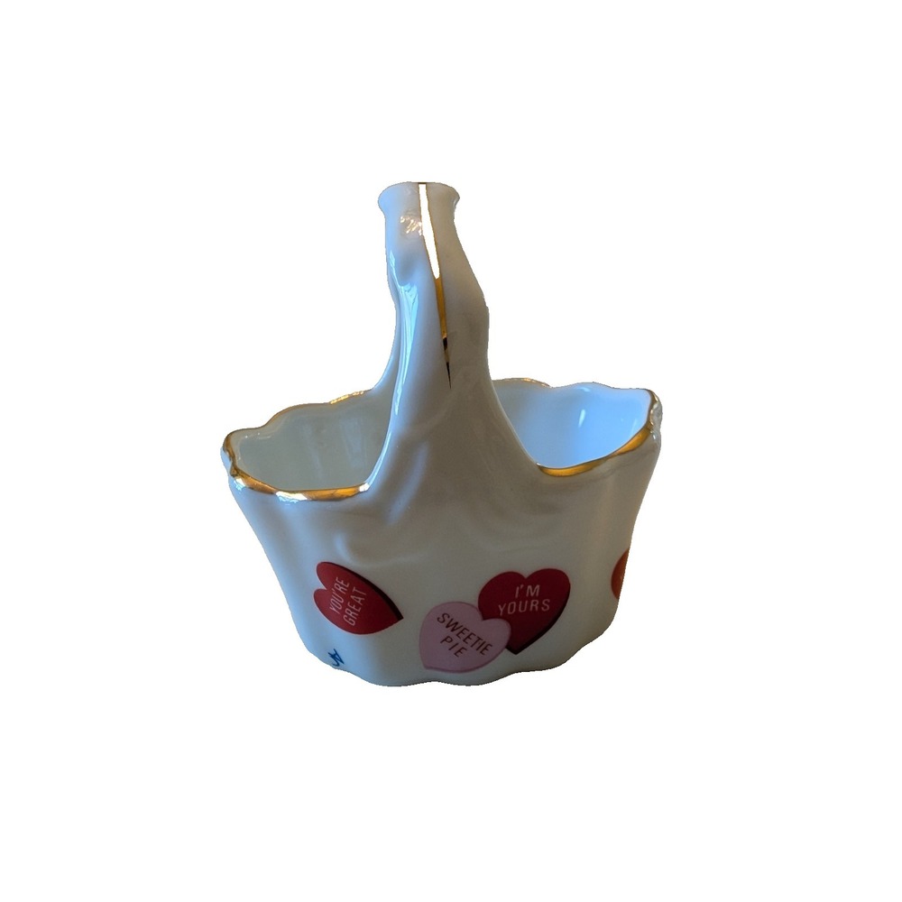 Lefton Valentine Hearts Small Ceramic Basket HandPainted‎ Trinket Candy Dish